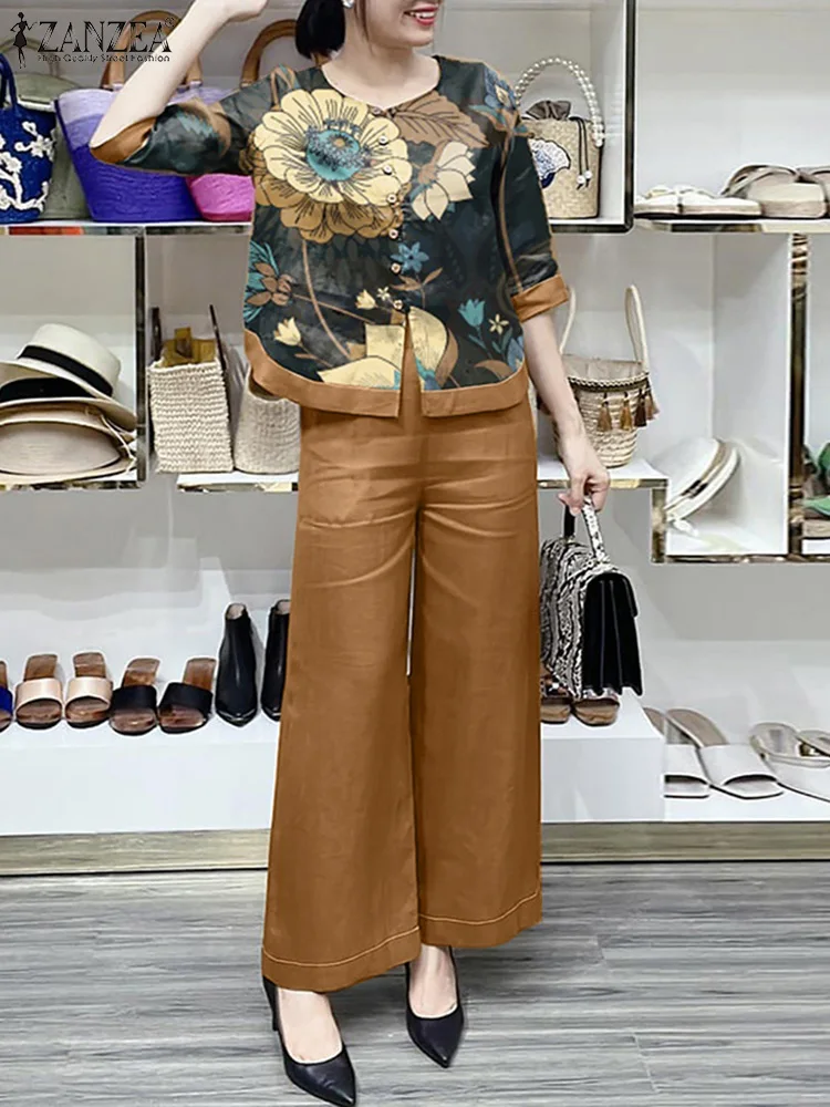 ZANZEA 2024 Summer Fashion Floral Printed Blouse Pants Sets Women Bohemian Wide Leg Trouser 2PCS Outfits Casual Loose Tracksuits