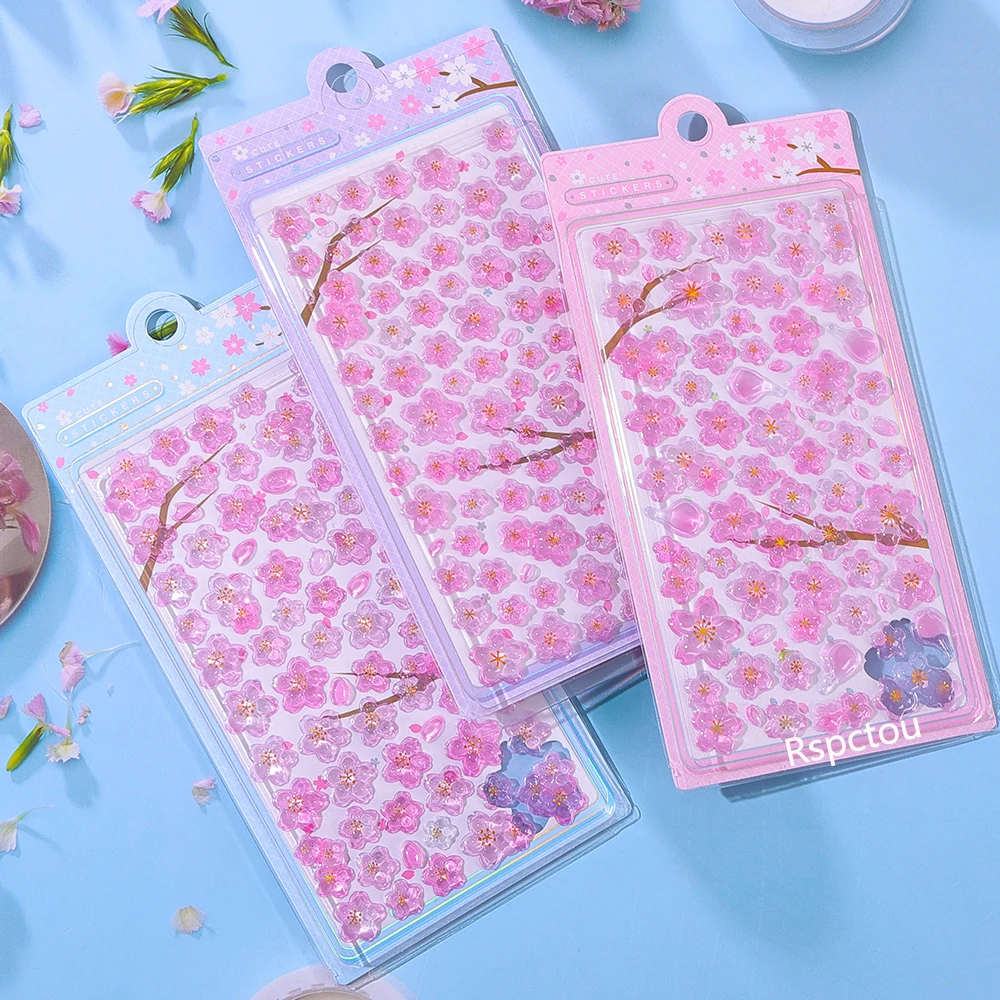 

6pcs Cute Pink Sakura Aesthetic 3D Relief Stickers Cartoon Cherry Blossom Decals Luggage Notebook Phone Guitar Sticker Packing