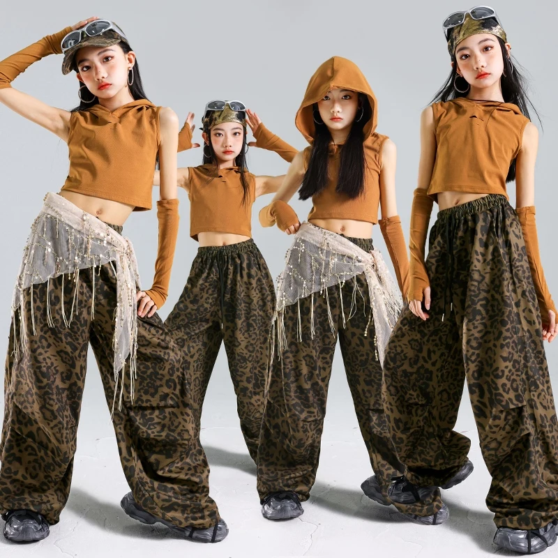 

Hip Hop Performance Suit Kids Brown Hoodie Leopard Print Shuffle Pants Model Fashion Show Costume Jazz Street Dance Outfit 2022