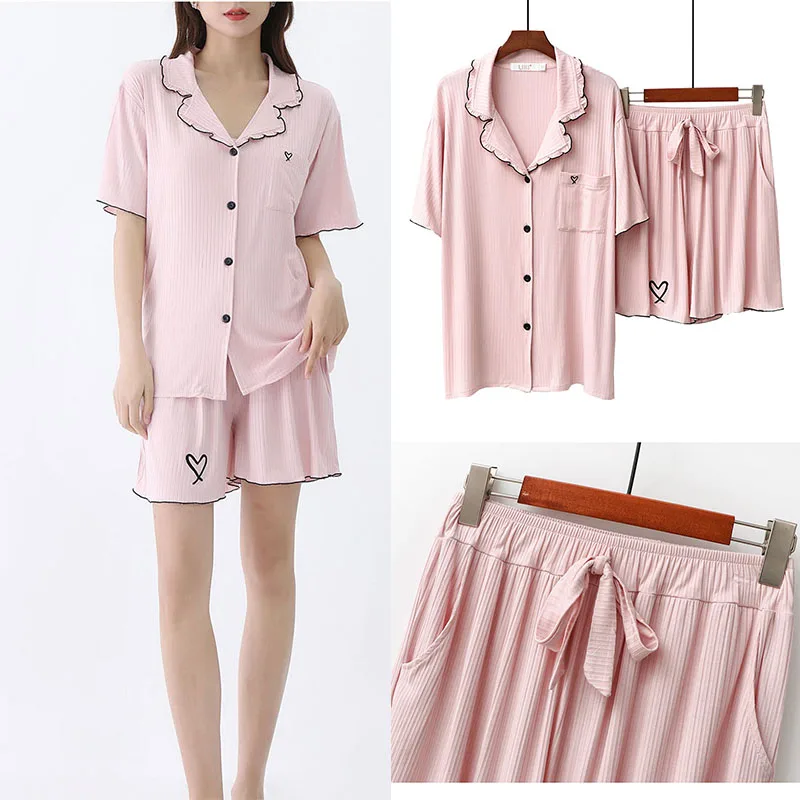 

Pink Short Sleeve Pyjamas Suit Lady Loose Modal 2Pcs Sleepwear Nightwear Embroider Love Heart Home Wear Sexy Loungewear Summer