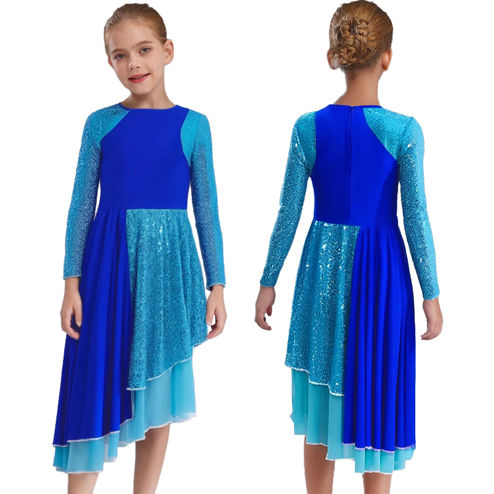 

Kids Girls Liturgical Praise Dance Costume Lyrical Dance Dress Long Sleeve Sequin Color Block Asymmetrical Dress Worship Robe