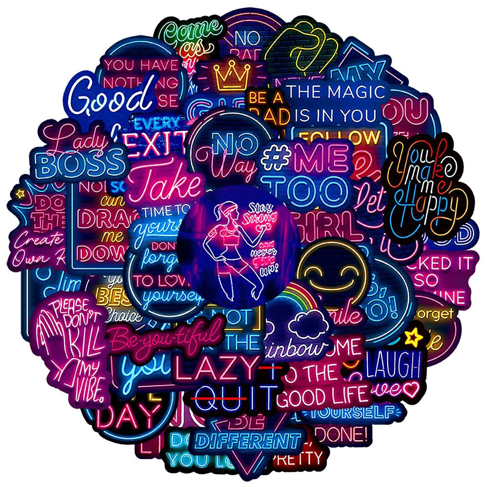 10/30/50 Uds. Pegatinas divertidas de neón con frases inspiradoras, pegatinas de grafiti de dibujos animados, impermeables, DIY, equipaje, teléfono, álbum de recortes, paquete de calcomanías