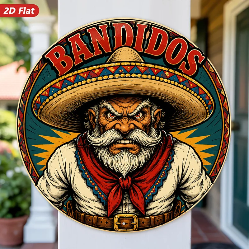 2D Flat, 1pc Outlaw Fiesta Round Metal Sign Wall Art, Home Decor, Bandido Lettering, Fierce Mustached Hombre, Wide Sombrero, Red