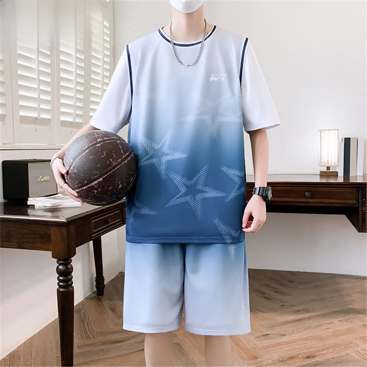 アイスシルク半袖tシャツ-バスケットボールスポーツウェアセット-男の子用-軽量速乾-夏用カジュアル-ユース-ポリエステル繊維