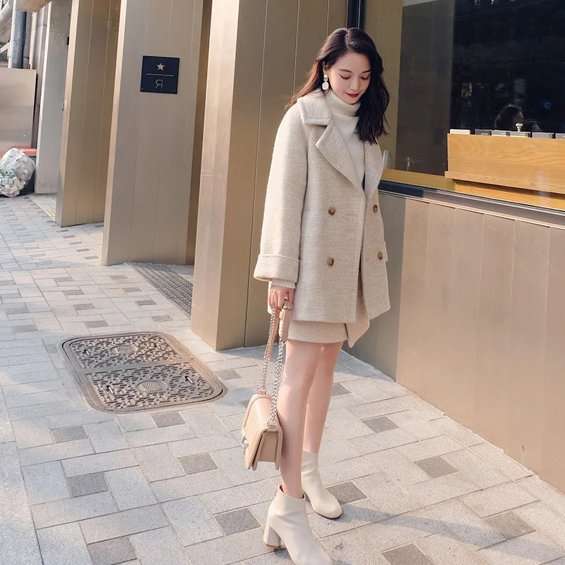 Beige coat+skirt set herringbone pattern woolen fabric Professional autumn women's jacket Business ladies 2 piece skirt suit