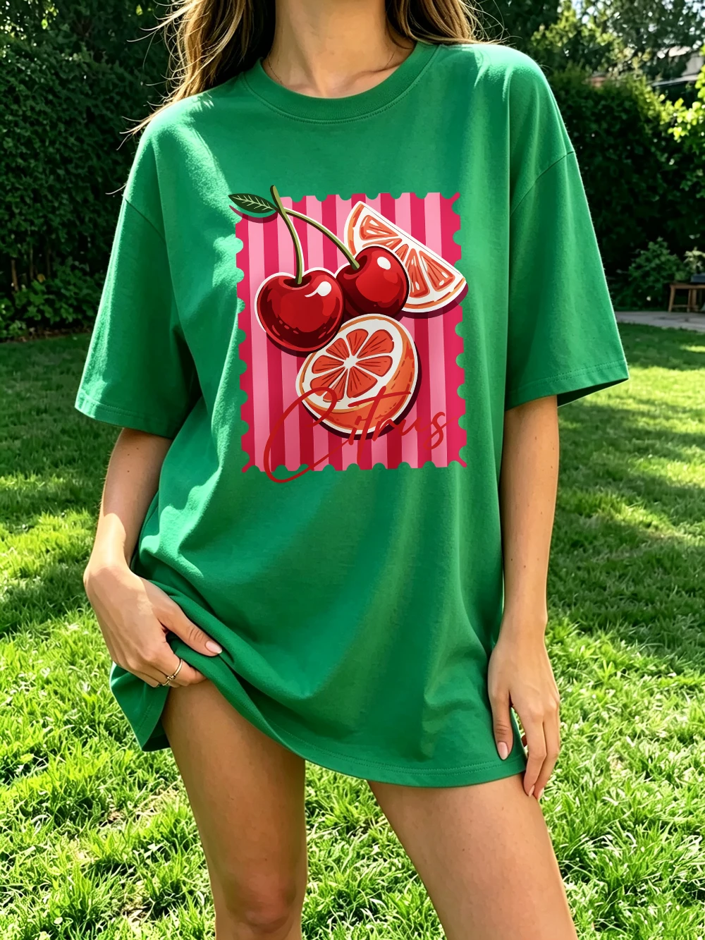 Rote Kirsch-Zitrus-Bedruckte T-Shirts aus Baumwolle für Damen, Sommerliche Oversize-Oberteile, Basic O-Neck Kurzarm-T-Shirts, Lässige Weiche Kleidung – Detail 25