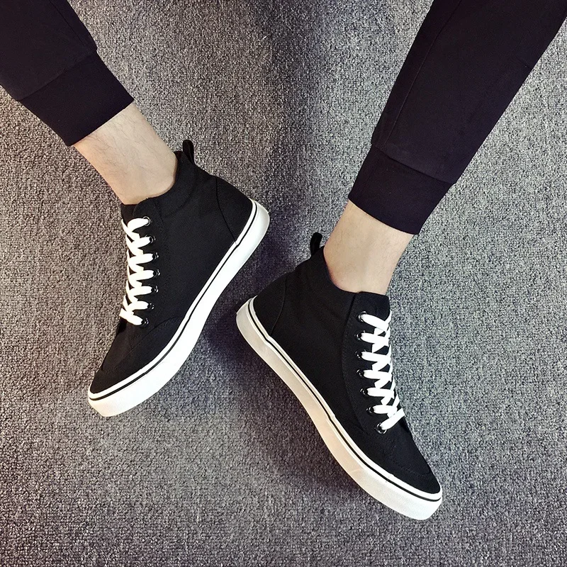 High-top Cloth Loafers Lace-up Casual Shoes Hipster Shoes All Black Basic Skateboard Shoes Male Student Flats