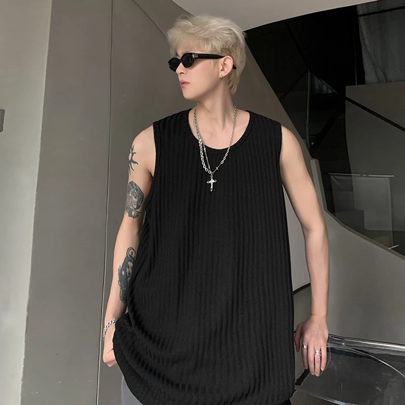 FEWQ Stripe Solid Color Vest Sleeveless T-shirt 2024 Round Neck Solid Color Korea Fashion Male Tops Casual 24E1605