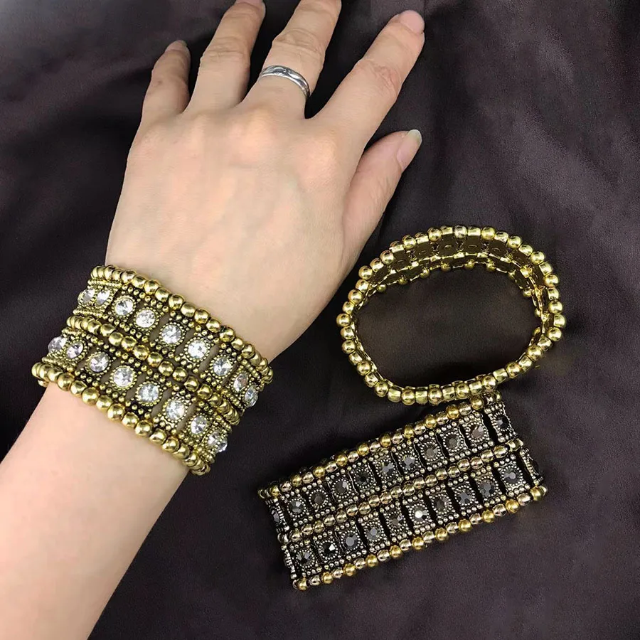 Fashion Luxury Elastic Bracelets for Women Antique Golden   Inlaid Rhinestone  Wide Hand Decoration