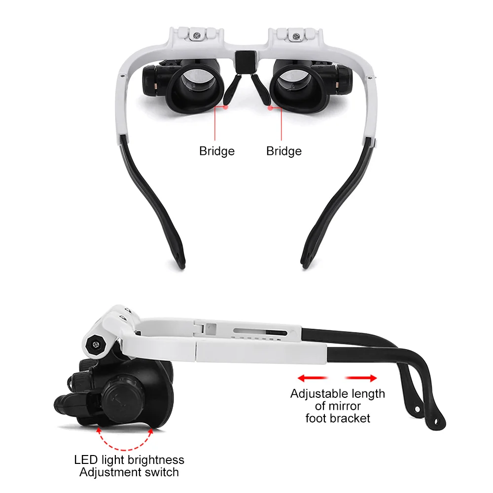 2XLED Watch Jeweler Repair Magnifier Head-Mounted Headband Adjustable Magnifying Head Eye Glasses Loupe Lens 8X 15X 23X