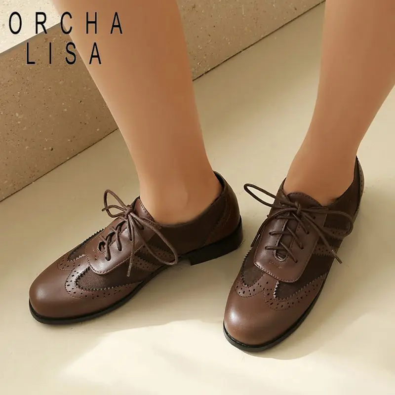 

ORCHALISA Новые мягкие женские туфли без каблука с круглым носком, на шнуровке, с комбинированным верхом, увеличенные размеры 41, 42, 43, повседневные, ручной работы, дышащие, весенние