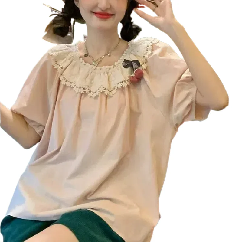 

Sweet Japanese Lolita Summer 2024 New Patchwork Doll Neck Bow Fashion Solid Color Loose Minimalist Casual Short Sleeved Shirts