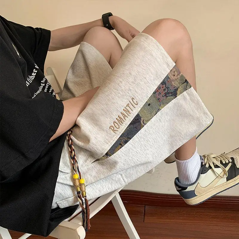 Summer White Knitted Teenage Five-Part Beach Pants Shorts Thick Stripes Sports Casual Loose Fit Straight Leg Breathable Men's...