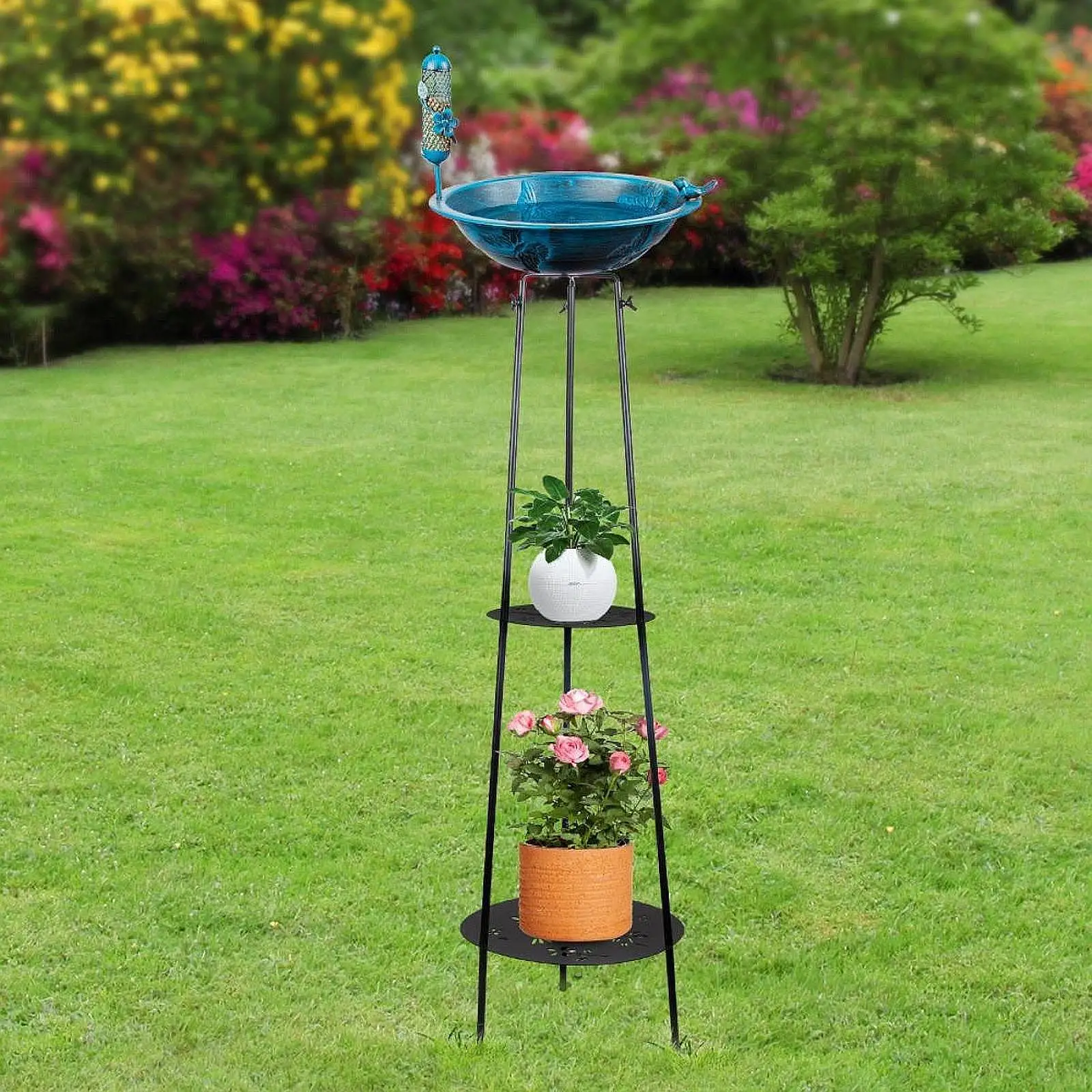 Outdoor Birdbath and Feeder on Stand Simple Assembly for Nature Lovers Heavy Duty Multipurpose Lawn Ornament Metal 33x105cm