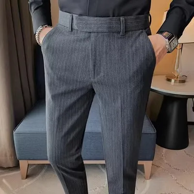 2023 Autumn Winter Striped Suit Pants Men Slim Fit Business Casual Dress Pants Wedding Office Social Trousers Men Clothing
