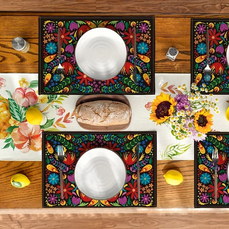 4pcs Mexican Flower Placemats for Dining Table Cinco De Mayo Decoration Floral Fiesta Washable Mat Home Decor Holiday Supplies