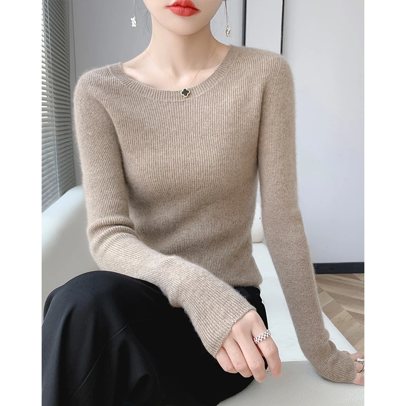 Autumn and winter new 100% pure wool cashmere sweater O-neck fashion slim pullover solid color long sleeve with bottoming shirt