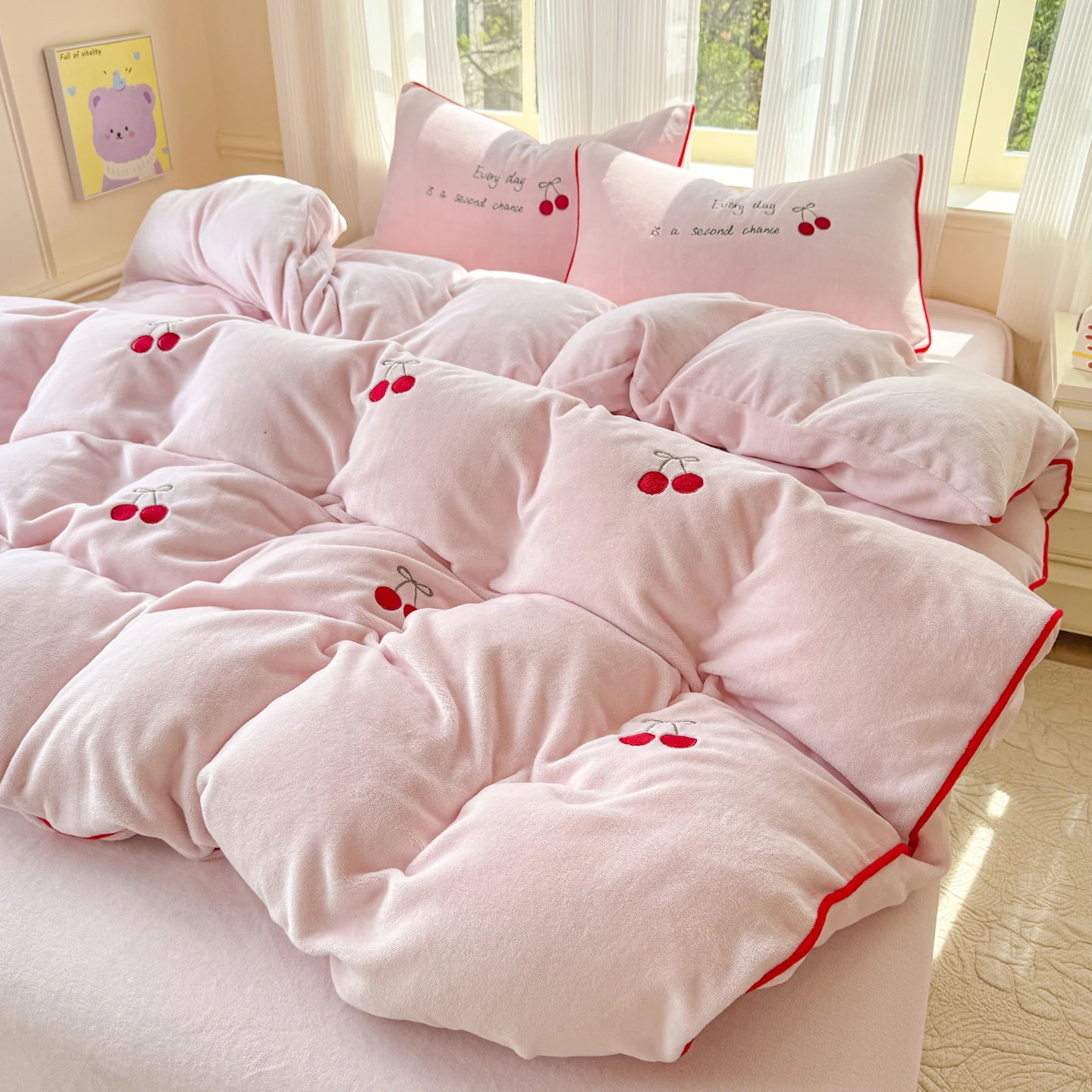 

Fresh Style Cherry Bedding Set Blue Pink Milk Fleece, 3/4pcs Purple Duvet Cover Set for Adultd Kids' Bedroom Home Decoration