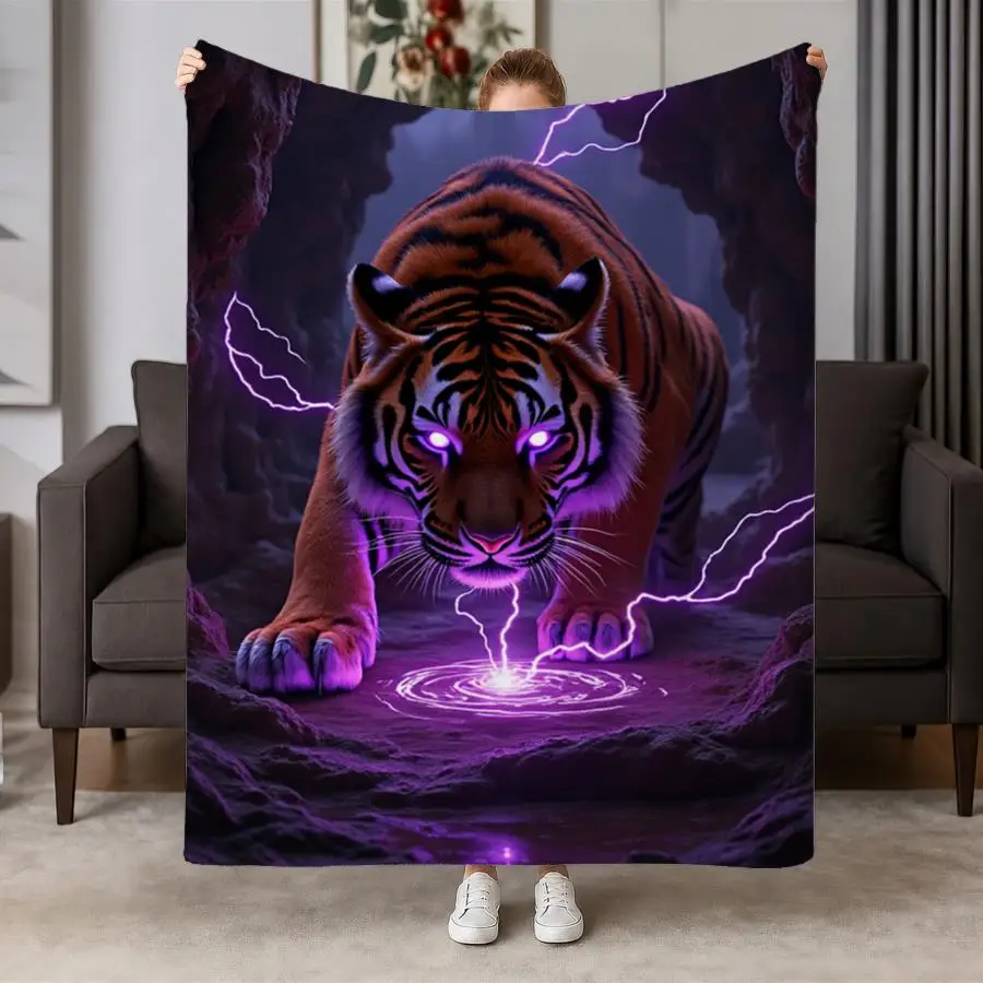 Half‑light Half‑dark Contrast Color Blue‑eyed Tiger Head Print Flannel Throw Blanket Soft Warm Blanket For Sofa Bedroom Ornament