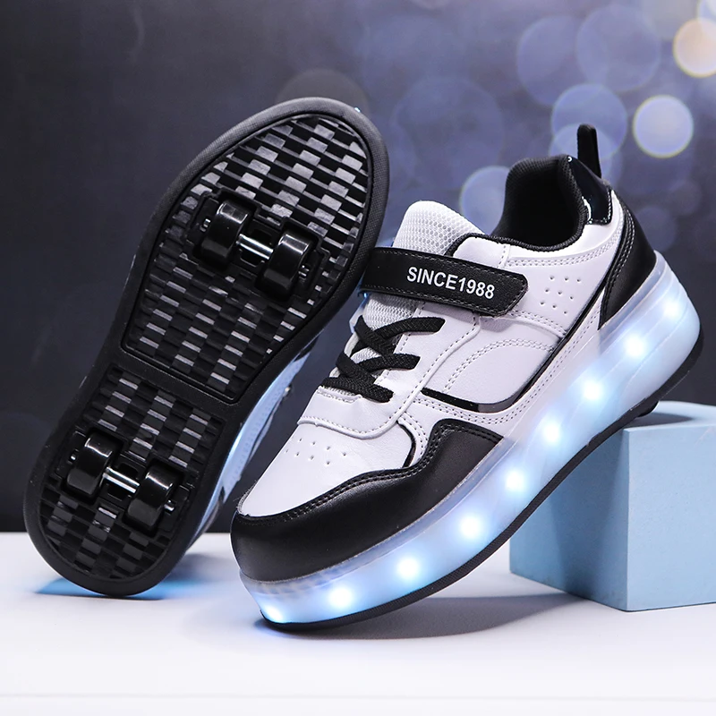 Kids Two Wheels Roller Skating Shoes With Light Velcro Walking Shoes Detachable Wheels Anti Slip Sole Shoes For Teenagers Shoes