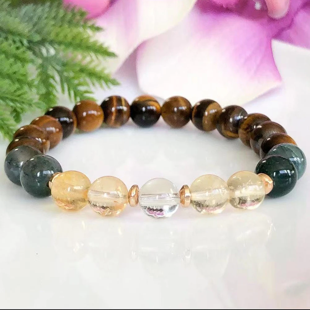 MG1557 Tiger Eye Clear Quartz Bracelet Natural Moss Agate Women`s Bracelet Wealth Abundance Gemstone Mala Bracelet