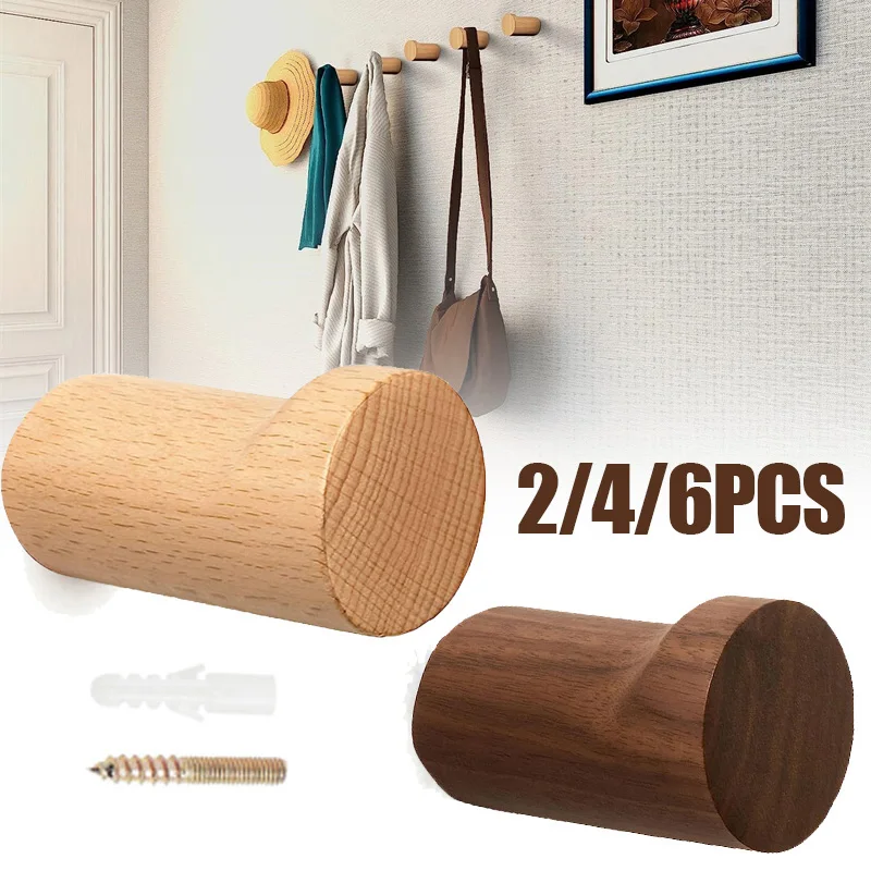 2/4/6PCS Wood Wall Hook Clothes Coat Hanger Key Holder Hat Bag Scarf Towel Storage Hanging Rack Wall Mounted Bathroom Organizer