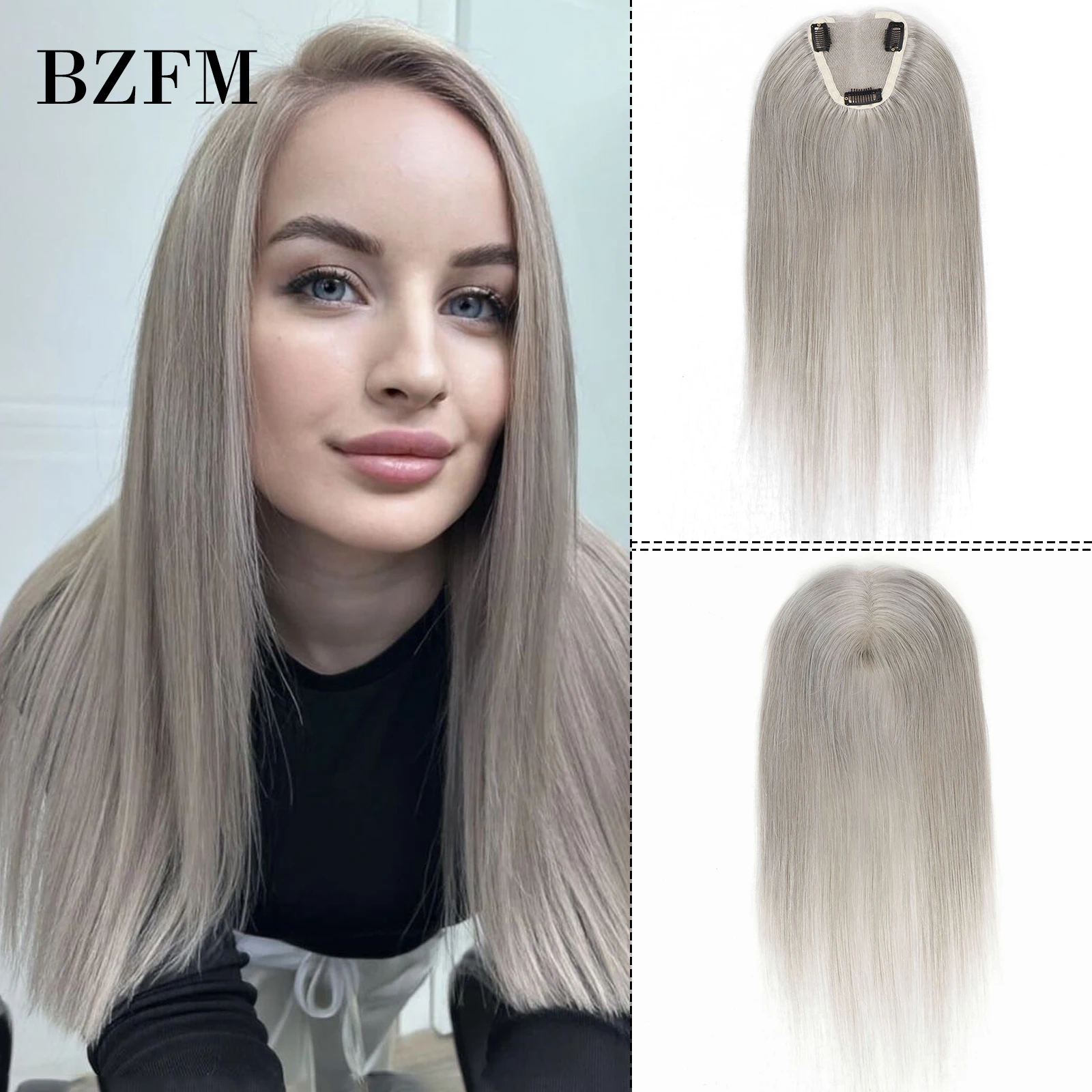 

Grey 100% Remy Human Hair Toppers 14Inch Straight Hair Piece for Women Lace Base Clip In Topper Hair Extension For Thinning Hair