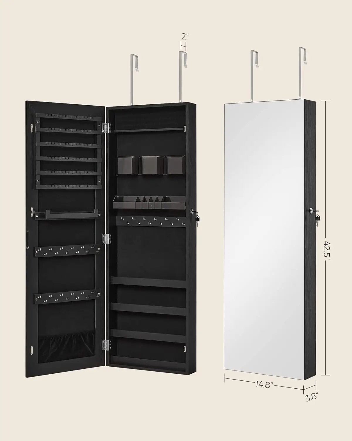 Mirror Jewelry Cabinet Armoire, Wall or Door Mounted Jewelry Storage, Hanging Lockable Frameless with 2 Plastic Cosmeti