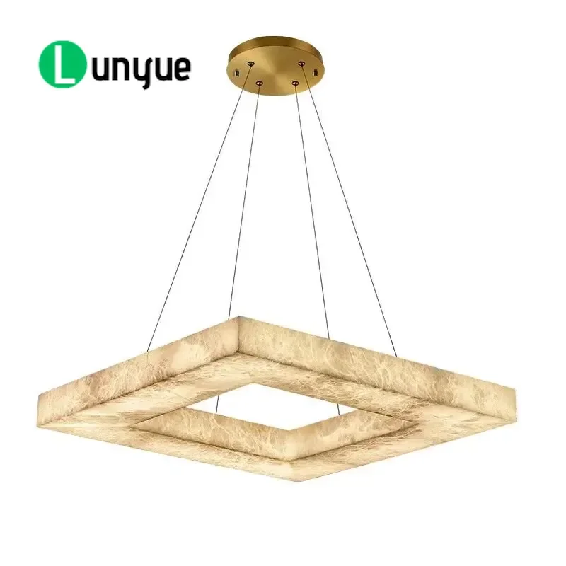 Natural Marble Copper LED Chandelier Adjustable Height Long Strip Luxury Pendant Light for Dining Table Bar Modern Home Decor