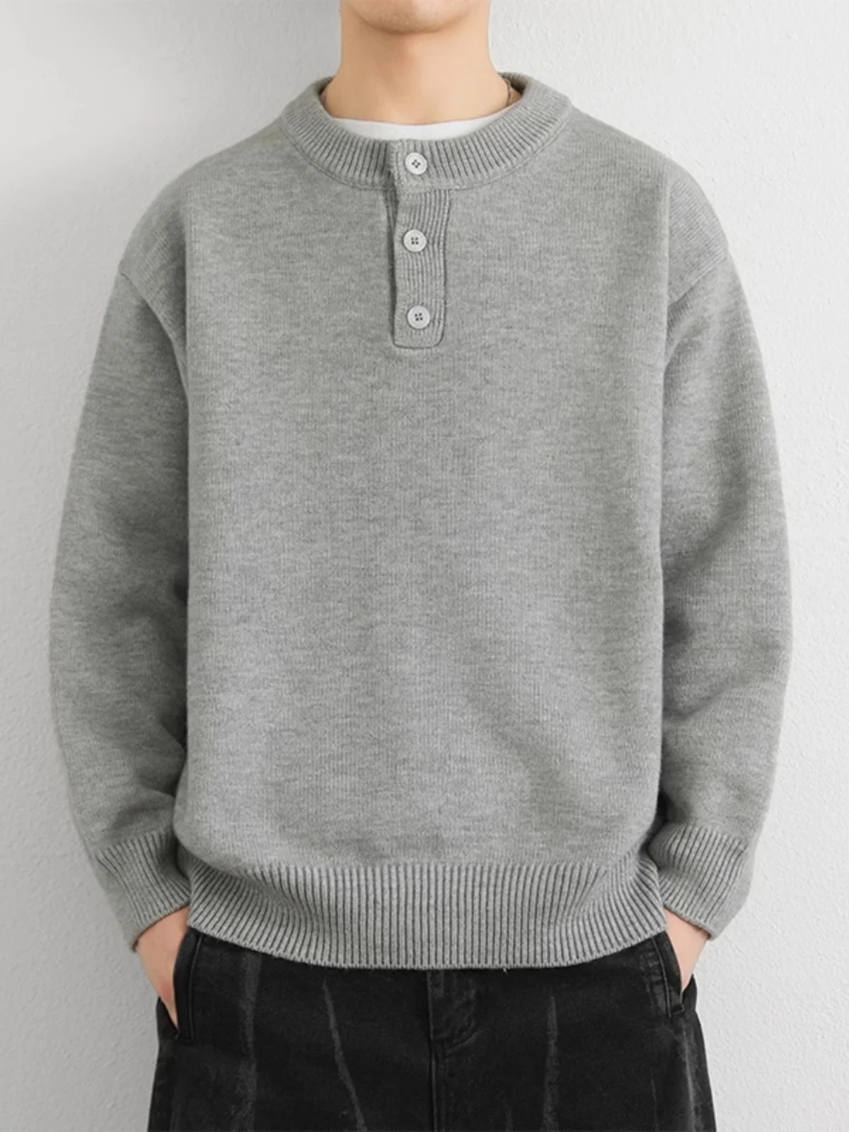

Мужской вязаный свитер свободного кроя с круглым вырезом, на пуговицах, с флисовой подкладкой, теплый базовый слой, повседневный однотонный трикотаж