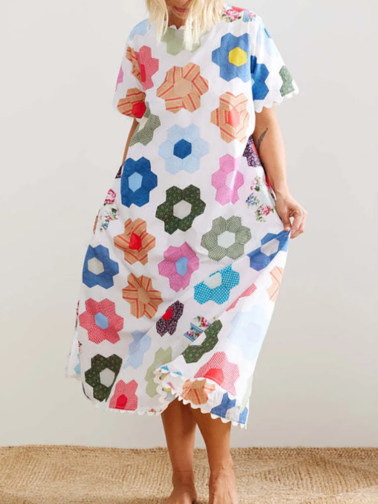 

Holiday O Neck Simple Chic Maxi Dress, Women Summer Printing Patchwork Fashion Party Dress, 2025 Short Sleeve Loose Ladies Dress