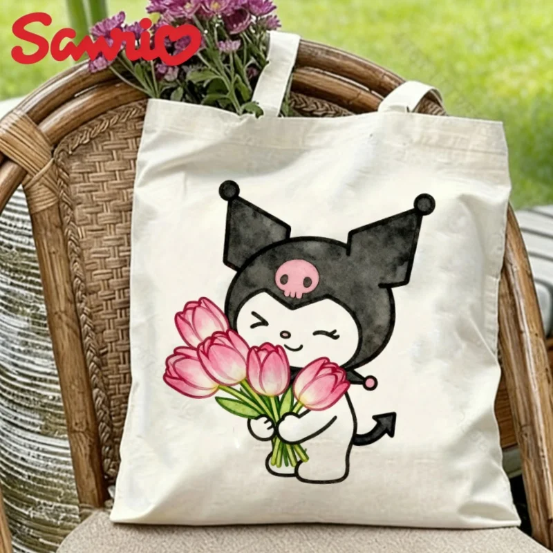 Bolsa de hombro reutilizable ecológica de lona con diseño de ramo de tulipanes Kuromi, 1 unidad