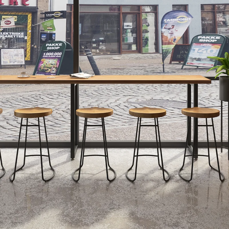 

Industrial style wrought iron solid wood commercial bar table milk tea shop wall strip bar high table and chair for Cafe