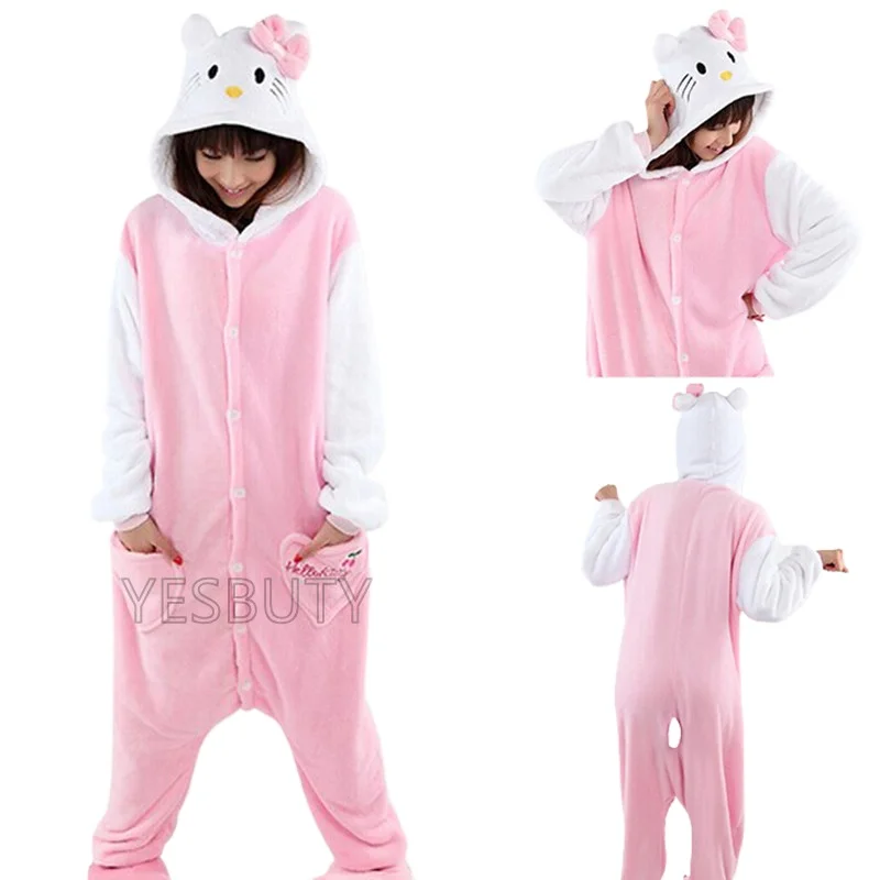 Pink Kitty Cat Onesie Cosplay Costume Kigurumi Flannel Zipper Pajamas Anime Jumpsuit Sleepwear Homewear Adult Halloween Suit