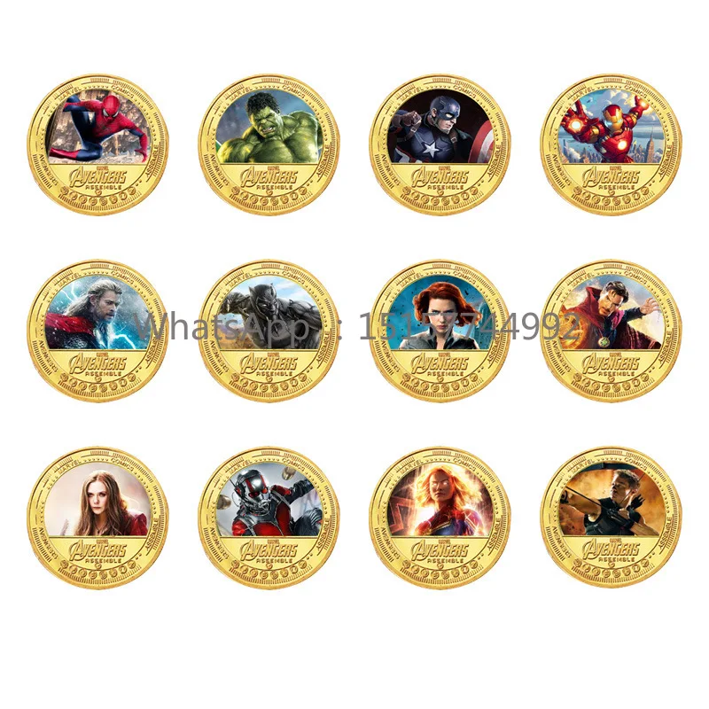 Ensemble de pièces commémoratives plaquées or 24 carats Marvel Avengers avec Iron Man Spider-Man Thor - Médailles de collection haut de gamme pour les fans