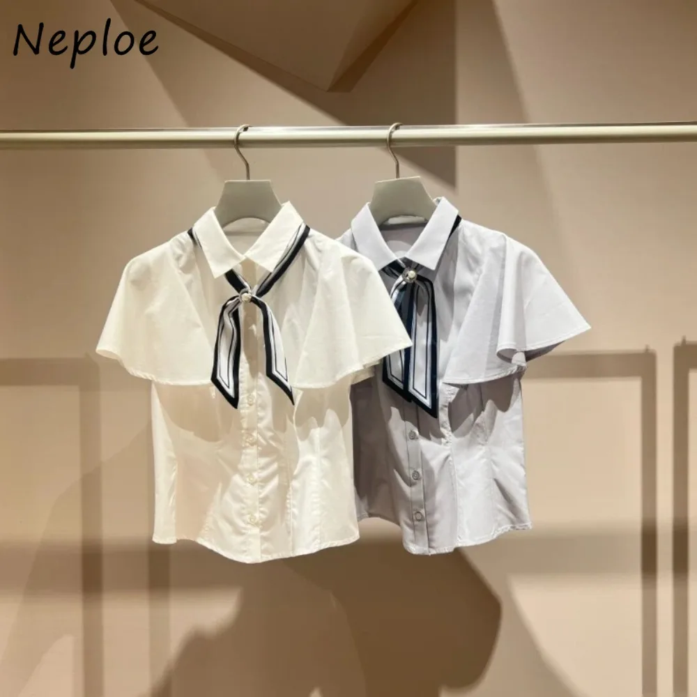 Neploe Sweet Turn-down Collar Butterfly Sleeve Elegant Shirt Chiffon Fuffles All-match Blouses Japan Bow Tie Preppy Style Tops