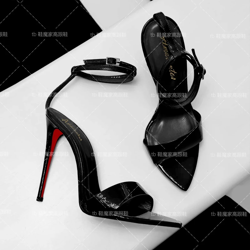 

Customized 2025 new sexy red-soled high heels pointed open-toed one-word buckle strap stiletto sandals women's fashion shoes