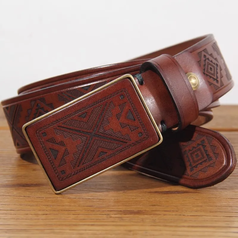 

Genuine Leather High Quality Brass Buckle Jeans Casual Belt Extra Thick Cowhide Designer Laser Engraved Lucky Totem Men's Belt