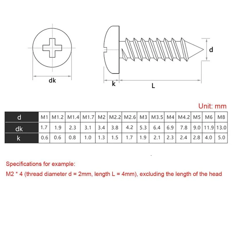 5~100pc M2 M2.2 M2.6 M3 M3.5 M4 M5 M6 Cross Phillips Round Pan Head Self-tapping Wood Screw Marine Grade 316 A4 Stainless Steel