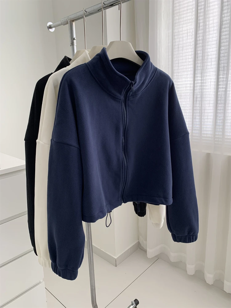 

Утепленная флисовая толстовка-кардиган для женщин, простая корейская версия, с воротником-стойкой, на молнии, осенне-зимняя, флисовая...