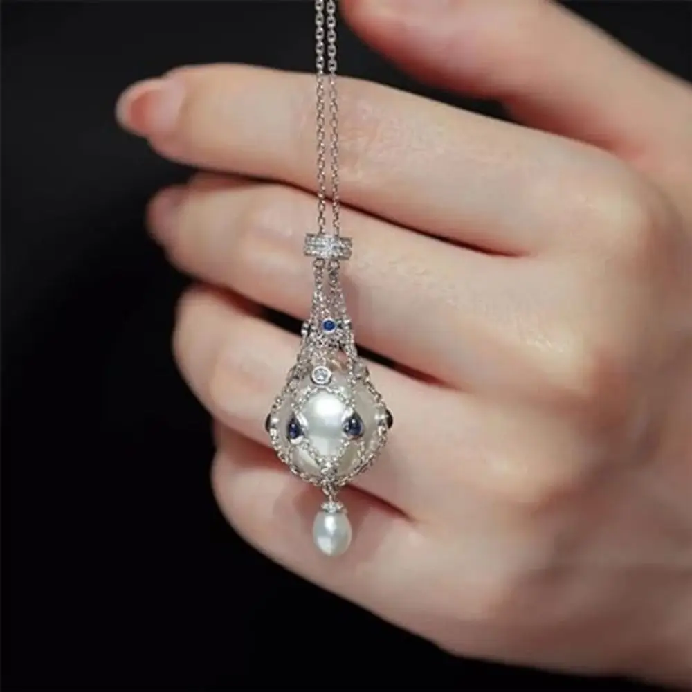 Adjustable Pearl Gemstone Lavalier Pendant Interchangeable Metal Braided Mesh Necklac Jewelry Gifts