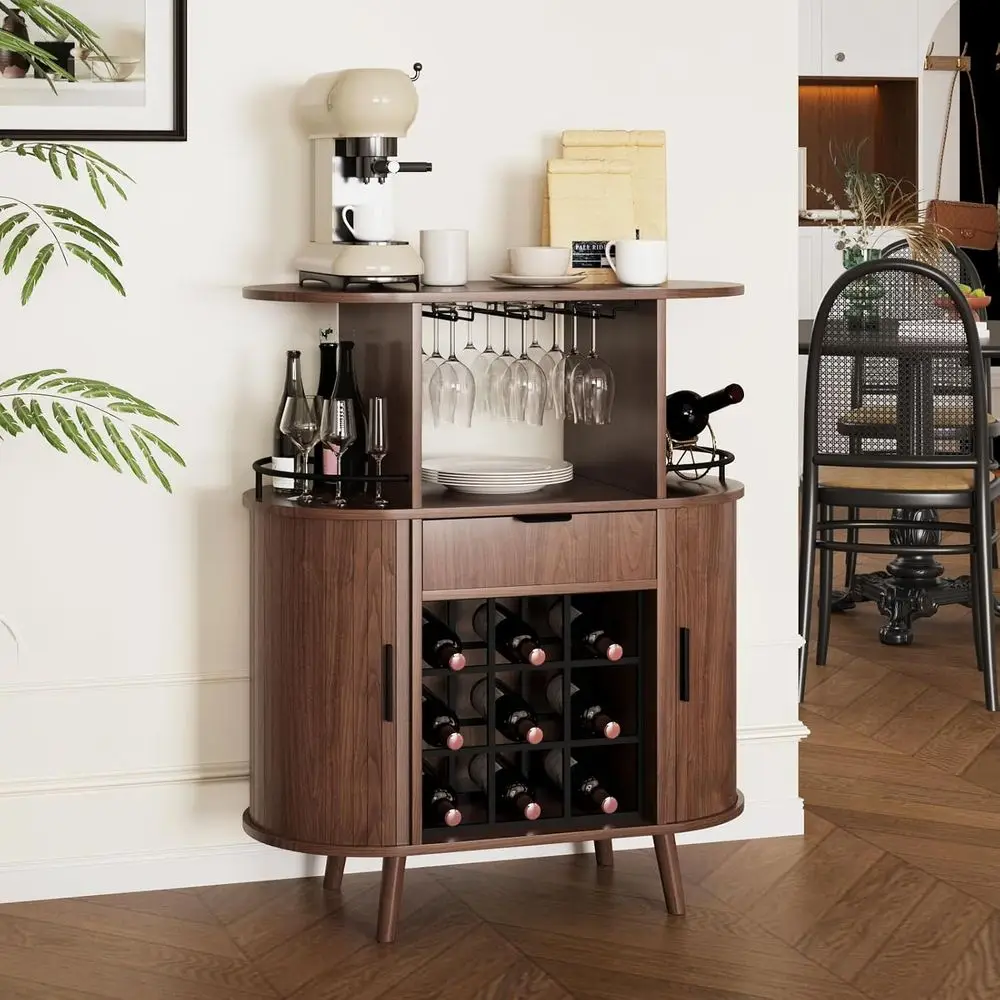 

Walnut Modern Home Bar with Sliding Doors and Open Rack, Perfect for Wine and Liquor Storage in Living, Kitchen, Dining Rooms