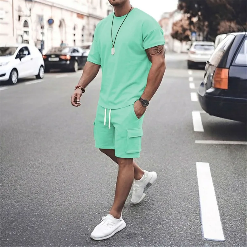 

Men's 2 Piece Tracksuit Short Sleeve T-shirt and Cargo Drawstring Shorts Set for Casual Daily Wear
