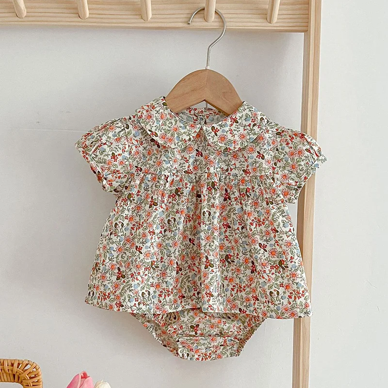 

2024 New Summer 0-24M Infant Baby Girls Clothing Set Short Sleeved Cotton Printed Shirt+PP Shorts Toddler Baby Girl Clothes Suit