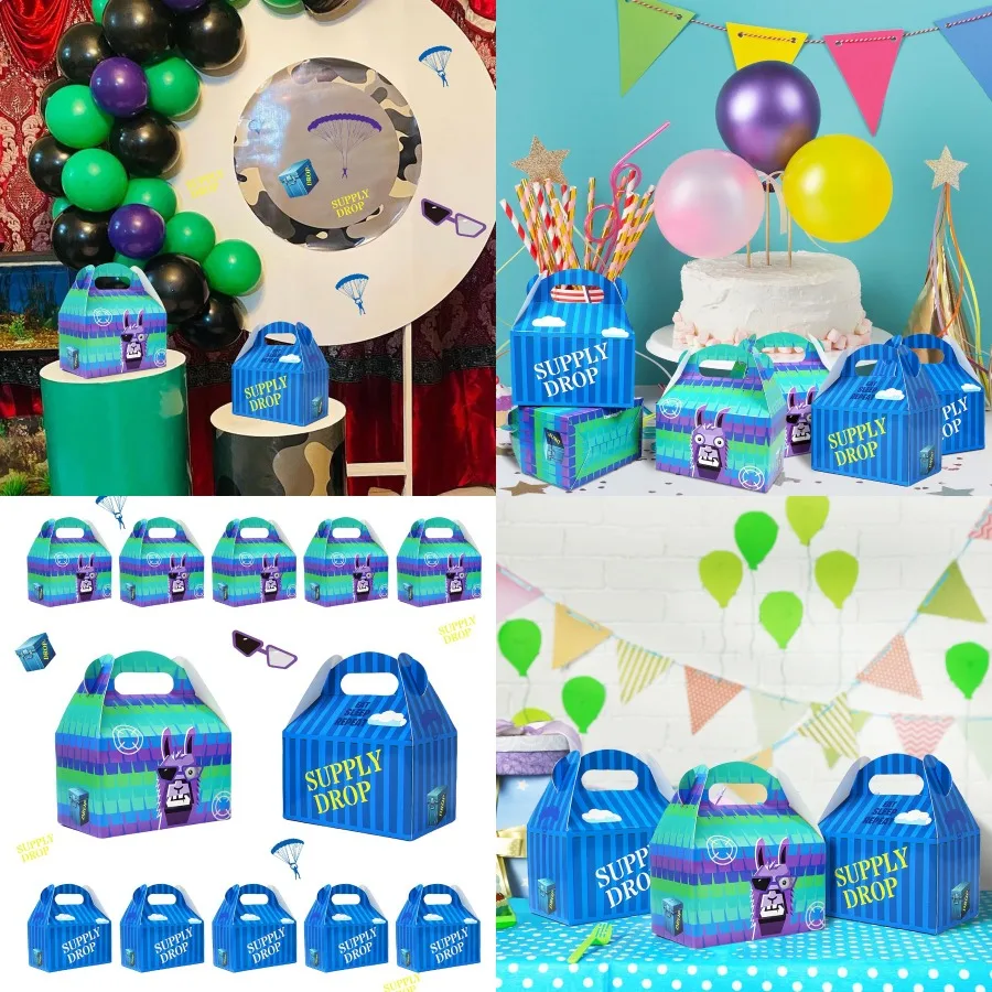 Video Game Llama Goodie Bags 16 Pcs Treat Boxes Cookie Gable Boxes with Handle Party Boxes for Battle Gamers Birthday Party Sup