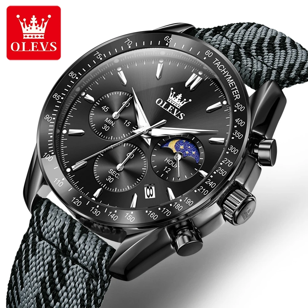 

OLEVS Luxury Military Watch for Men Waterproof Luminous Moon Phases Date Chronograph Man Watch Sport Quartz Nylon Men's Watches