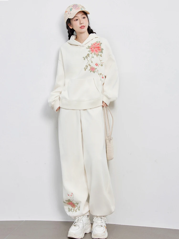 

Оригинальный комплект с капюшоном и вышивкой в национальном стиле, женская повседневная толстовка, длинные брюки, осенняя модная универсальная длинная толстовка с капюшоном