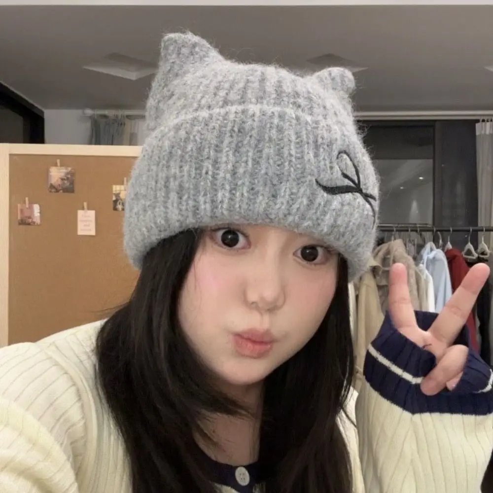 

Casual Solid Color Cat Ear Beanie Thickened Keep Warm Knitted Woolen Hat Korean Style Harajuku Knitted Skullies Ladies