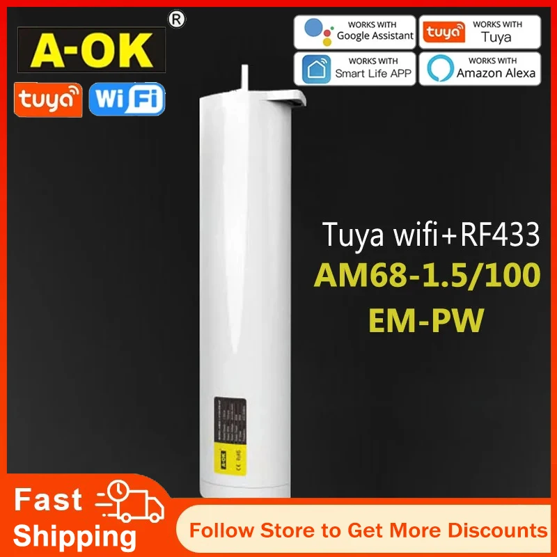 

A-OK AM68 1.5/100-EM-PW Tuya wifi Silent Curtain Motor,RF433 Control/485/Dry Contact Control,100-240V,Voice Control Alexa/Google