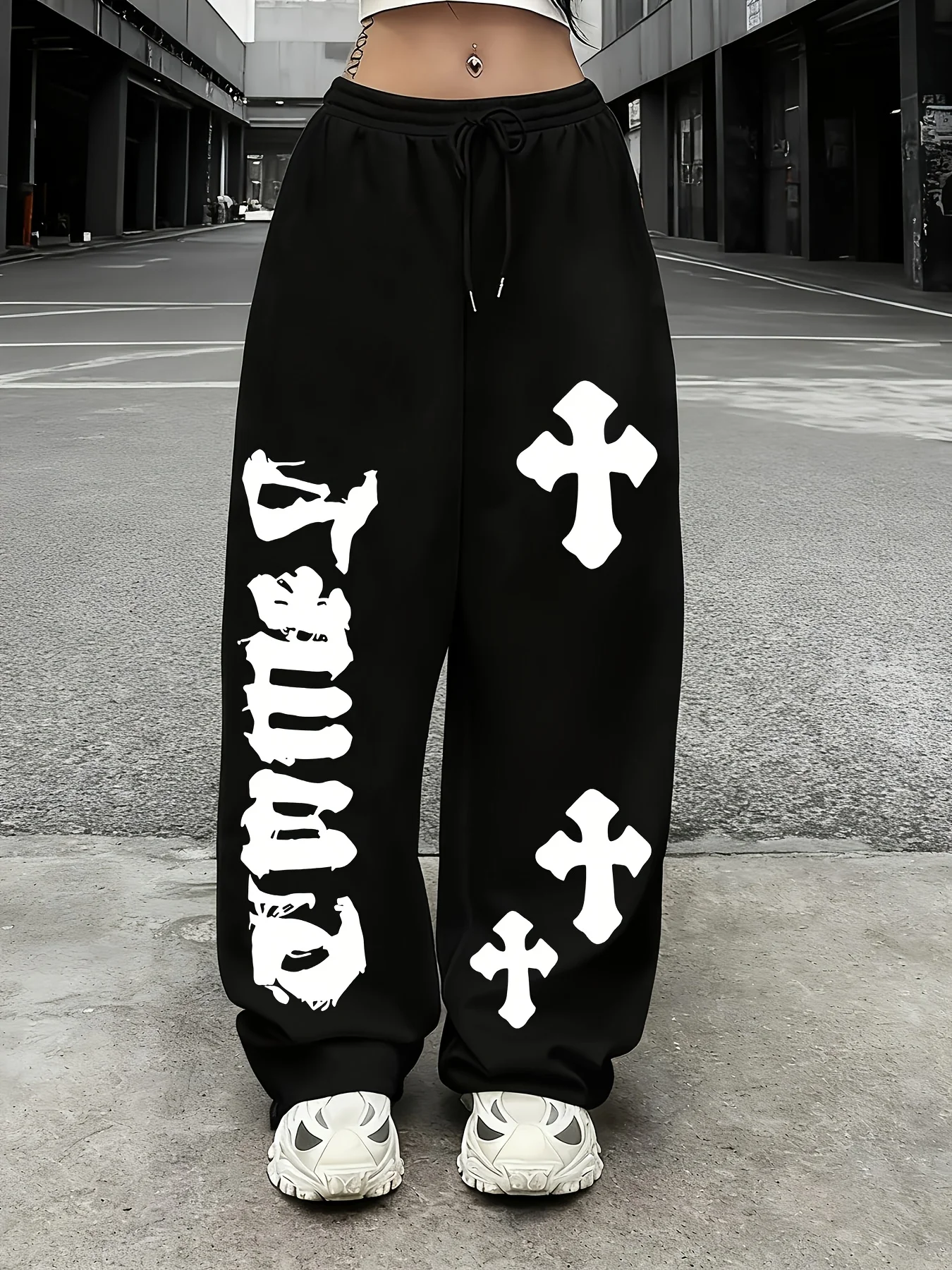 

Повседневные спортивные брюки с перекрестным буквенным принтом, эластичная талия на шнурке, американские повседневные модные прямые брюки для мужчин и женщин